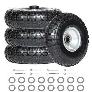 10 Inch 4-Pack 4.10/3.50-4 Flat-Free Solid PU Foam Tire 5/8" Sealed Bearing 2.25" Offset Hub 350LBS Capacity Welded Steel Rim Pre-Assembled Wheel for Wheelbarrow Hand Truck Garden Cart