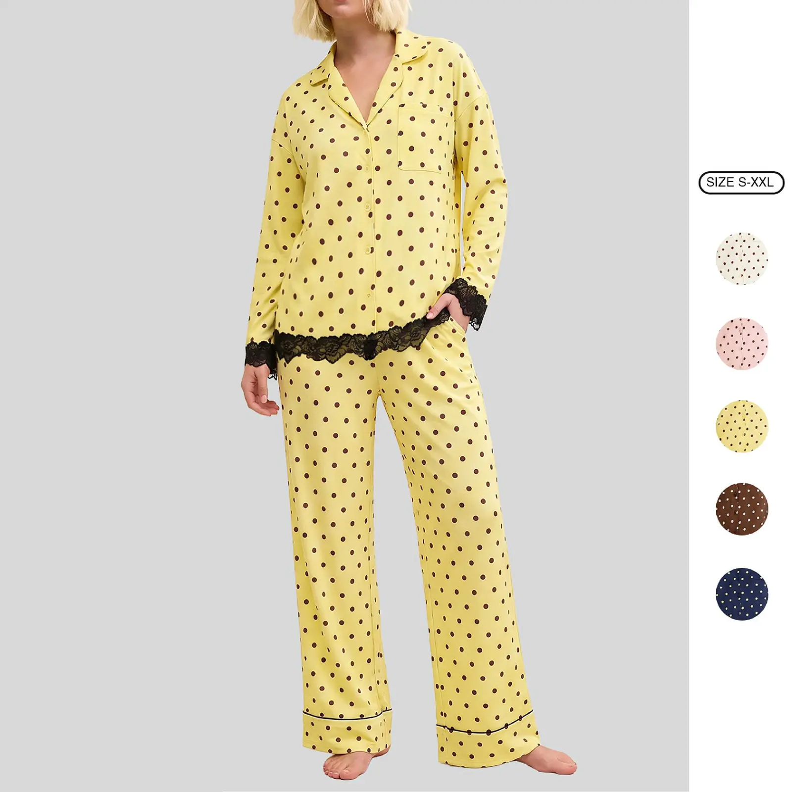 Women’s 2 Piece Polka Dot Pajama Set, Lace Trim Button Down Long Sleeve Sleepwear Top and Wide Leg Pants, Cute Soft Lounge Set Nightwear for Women