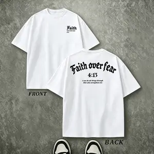 Men’s "Faith Over Fear" Christian graphic T-shirt featuring Romans 4:13 scripture in Gothic font print, casual crew neck design, perfect for faith outfits, church attire, and street style-ideal Father’s Day gift.