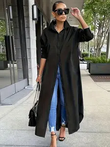 A women's minimalist style long shirt with a sense of drape, European and American style loose and slimming, knee length commuting fashion long shirt jacket, suitable for all seasons, suitable for home, indoor, and outdoor wear