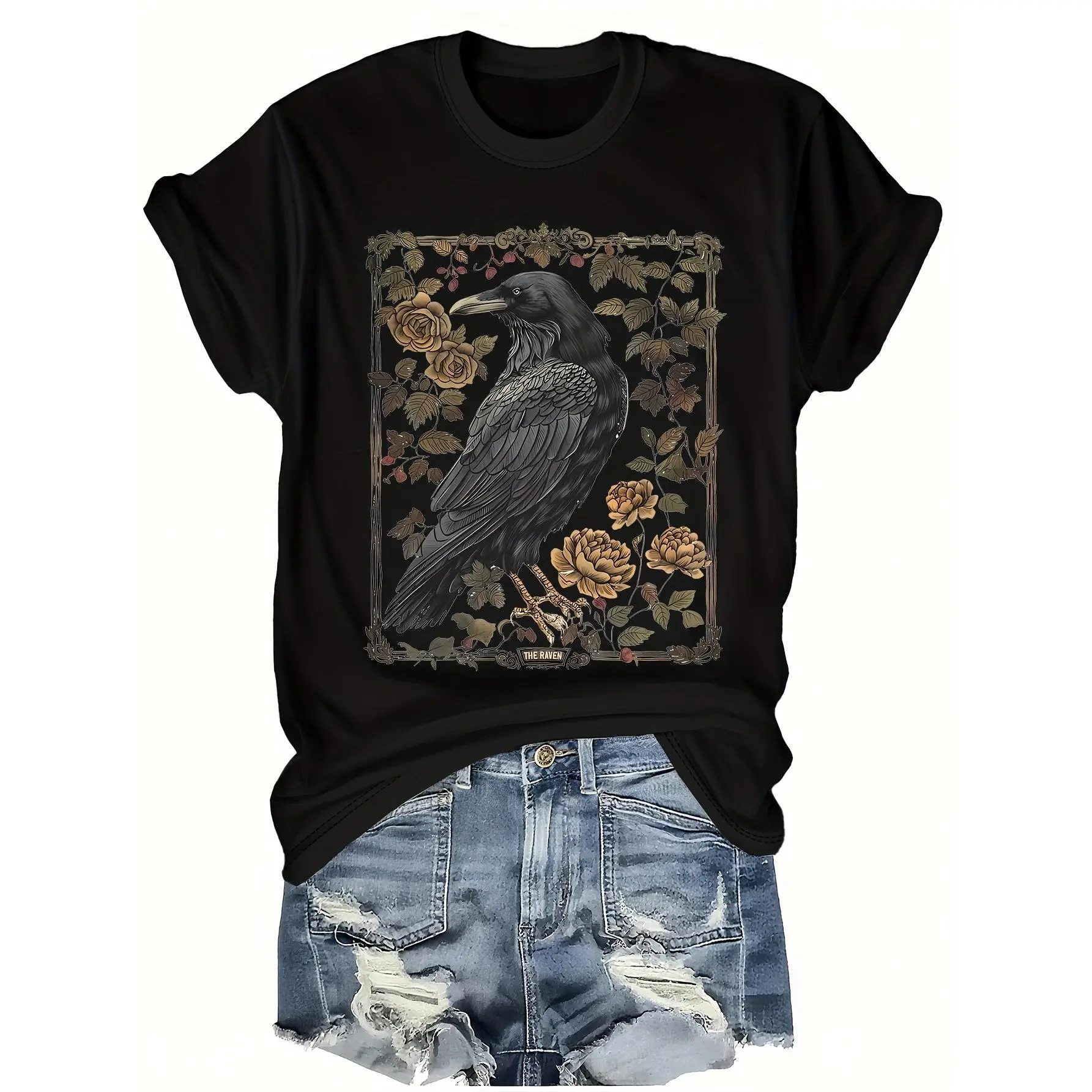 Short-Sleeved Round Neck T-Shirt Featuring a Vintage Floral And Crow Design, Perfect for Spring And Summer Women'S Fashion