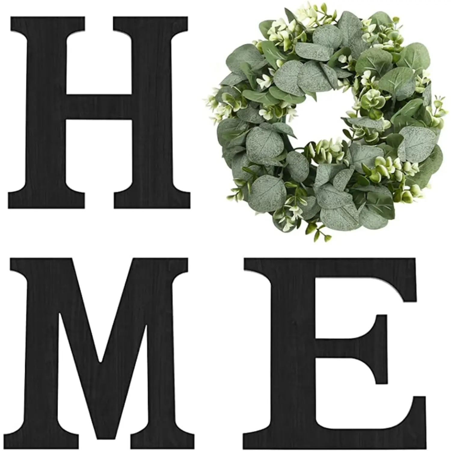Black Wood Home Sign with Artificial Eucalyptus Wreath for O, Farmhouse Wall House Decor Wood Letters for Wall Art Rustic Home Decor, Wall Decor for Living Room Kitchen Entryway - Home Improvement. Wooden Gift