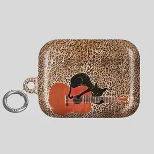 Leopard Print Black Cat Guitar AirPods Case with Keychain, Cute Vintage Protective Earbuds Cover, gift