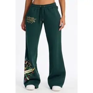Ed Hardy Rhinestone Heart Fleece Pants - Hunter Green V