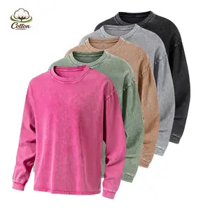 Pack of 1 or 5 pieces: men’s acid-wash, water-washed 100% cotton long-sleeve T-shirt with a small crew neck design; women can wear it; loose fit.