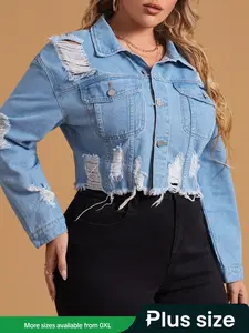 Plus Size Women's Casual Versatile Collared Ripped Button Denim Jacket Coat, Stylish Distressed Jean Outerwear for Everyday Wear