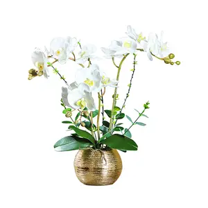Homary Artificial Flower Realistic White Orchids in Vase Set Gold Brushed Ceramic Flower Pots