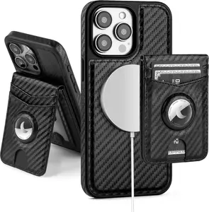 SkyEagle Compatible with MagSafe iPhone 15 Pro Max Case Wallet with AirTag Holder,2 in 1 PU Leather Magnetic Detachable RFID Blocking Credit Card Holder Flip Cover Kickstand for Men Women,Black