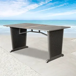 LOKATSE HOME Rectangle Outdoor Dining Table Patio Bistro Furniture with Grey Metal Steel Slat Top and Rattan Leg for Lawn Backyard