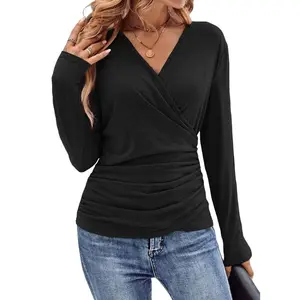 Dokotoo Women's 2026 Fashion Tops Long Sleeve T-Shirts Cute V neck Basic Business Tees Gathered Front Wrap Blouses Casual