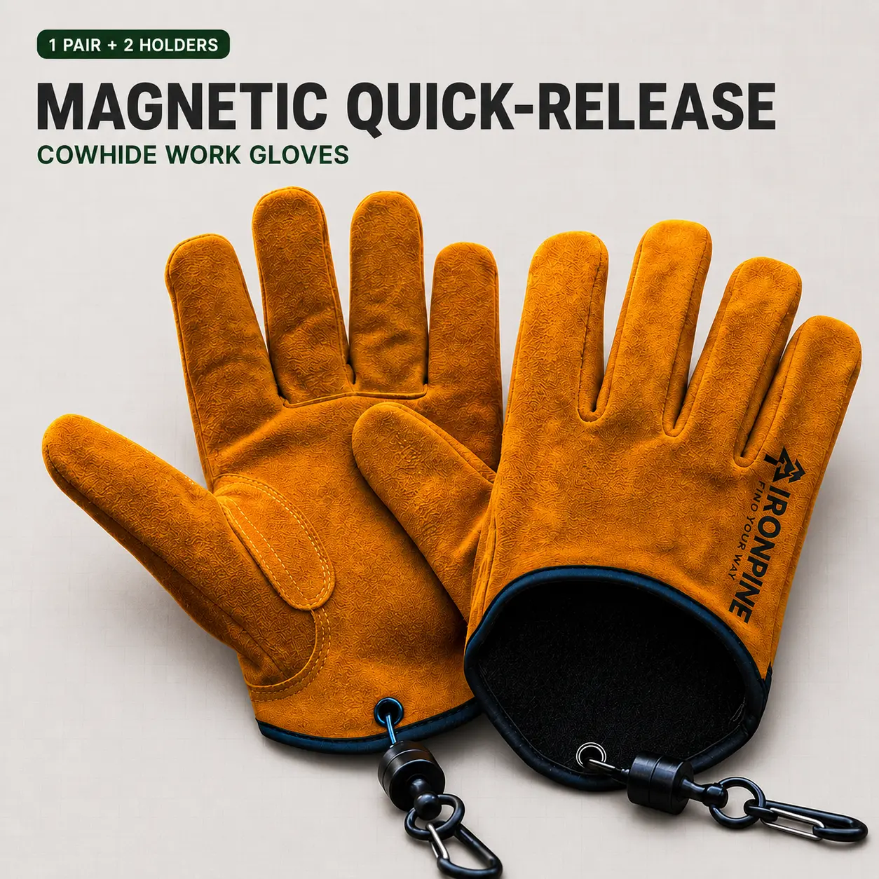Men’s Top-Grain Cowhide Leather Work Gloves with Magnetic Quick-Release Belt Clips, Heavy-Duty Reinforced Thumb & Soft Knit Lining, Durable Outdoor Gloves for Firewood, Gardening, Construction, Farm, Camping and Yard Work