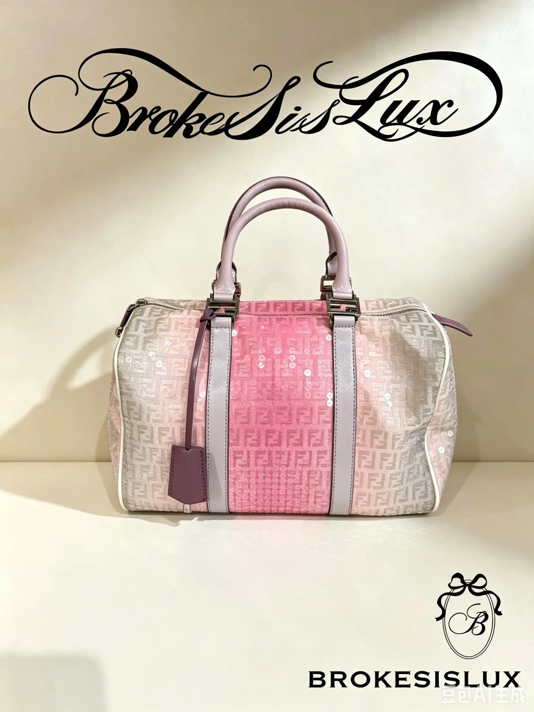 Pre-owned FENDI Mini Boston Duffle Bag, Pink Ombre FF Zucca Jacquard With Sequin Embellishment, Lavender Leather Top Handles, FF Logo Hardware, Matching Leather Luggage Tag