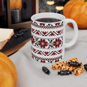 Tatreez Palestinian Ceramic Mug, White Red Black Coffee Cup, 11oz 15oz Arabic Design Tea Mug