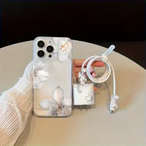 5 Piece Set Transparent iPhone Case Flower Design, Charger Head Cover, Cable Protector, Storage Rope, Anti-Drop Tpu Case for iPhone 15 Series