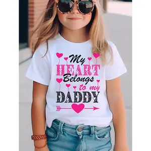 Girls' Regular Cotton Short-Sleeve Summer T-Shirt - Child-Sized, Cute Graphic Design with "My Heart Belongs to My Daddy" Phrase, Casual Kids' Fashion Top, Child-Sized Girls' T-Shirts, Cute Girls' T-Shirts
