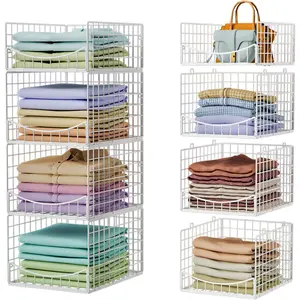 4-Tier Stackable Closet Organizers and Storage Shelves, Clothes Storage Basket Sweater Organizer Bins Container for Wardrobe Kitchen Bathroom Office, White