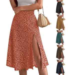 Women's A-line Midi Skirts Bohemian Floral Print High Waist Split Skirts Summer Long Skirts Chic Womenswear Bottom Comfortable Polyester Soft