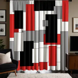 2pcs Red, white, gray and black geometric plaid Pattern Printed Curtains, semi-transparent polyester material, fade-resistant. Machine washable, rod pocket hanging, suitable for bedrooms and living rooms, home decoration