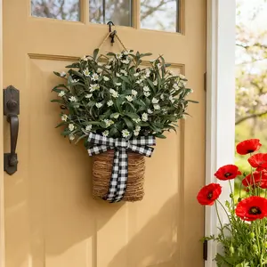 18" Four Seasons Olive & Daisy Hanging Door Basket - Real-Touch Artificial Wreath for Modern Farmhouse Front Door, Mantel & Year-Round Aesthetic Decor