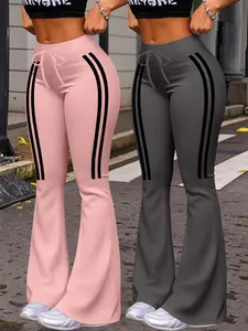 Women's Casual Fashion Wide Leg Pants, Sport Stripe Print Yoga Pants, Milk Silk Jogger Bottoms, All Seasons Wear, Drawstring Waist