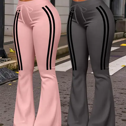 Women's Casual Fashion Wide Leg Pants, Sport Stripe Print Yoga Pants, Jogger Bottoms, All Seasons Wear, Drawstring Waist, Striped
