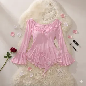 Women's 2-Piece Romantic Off-Shoulder Blush Pink Mesh Fabric Nightdress Set - Long-Sleeve Style, Adjustable Straps, Bralette, Panty for Lady's Cozy Elegant Sleepwear