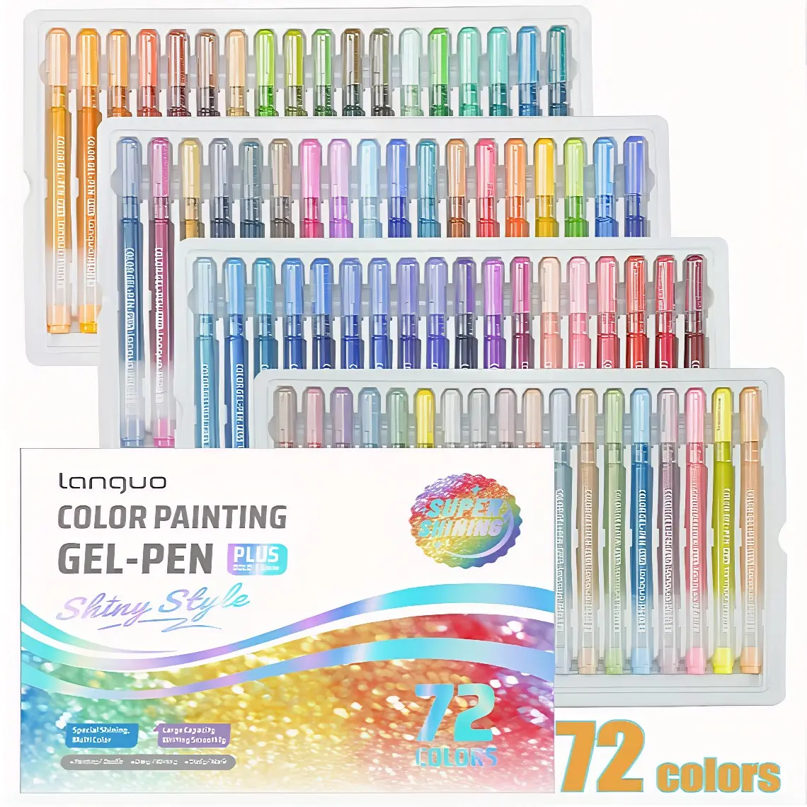 Languo 72 Color Drawing Glitter Gel Pen Set, 1.00mm Broad Tip, Large Capacity Sparkle Ink Fluorescent Pens, Artist Design, DIY Art Supplies, Glitter Markers, Pen Kit, Drawing Tools