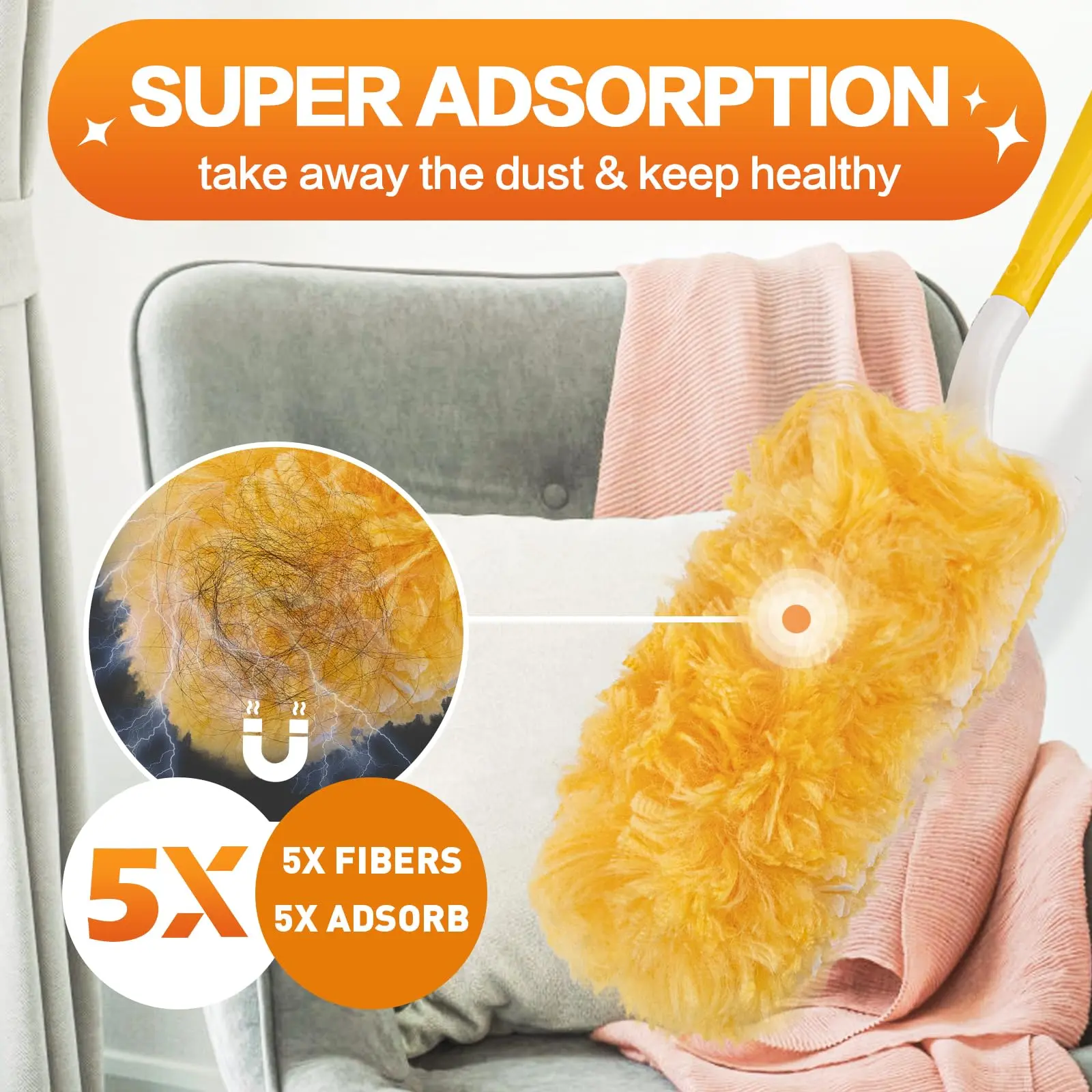 Heavy Duty Disposable Duster Kit with 60 Refills, 3 FT Extended Handle, Plastic Head - 360-Degree Multi-Surface Duster for Furniture Clean, Indoor Use (1 Extra Handle)