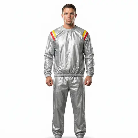 REX 357 Retro Shoulder Stripe 2-Piece Elastic Fit Sauna Sportswear Set - Silver Long Sleeve Pullover Top, Solid Pants, Gym Outfits, Gymapparel, Gymwear Fitness Wear, Windproof, Traps Body Heat, Hand Wash Only, Daily Training