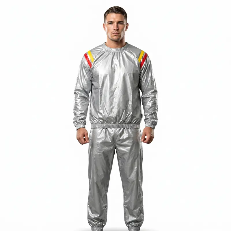 REX 357 Retro Shoulder Stripe 2-Piece Elastic Fit Sauna Sportswear Set - Silver Long Sleeve Pullover Top, Solid Pants, Gym Outfits, Gymapparel, Gymwear Fitness Wear, Windproof, Traps Body Heat, Hand Wash Only, Daily Training