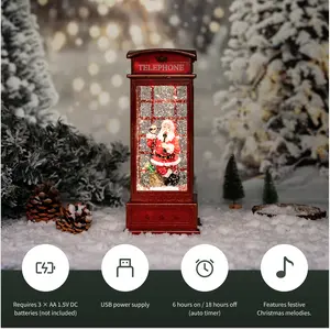 Santa in Vintage Red Telephone Booth Decor - Lighted Holiday Centerpiece for Home, Festive Gift for Christmas , Nostalgic & Festive Design, Premium Craftsmanship, USB Power Supply, 6 Hours On/18 Hours Off Auto Timer, Features Festive Christmas Melodies
