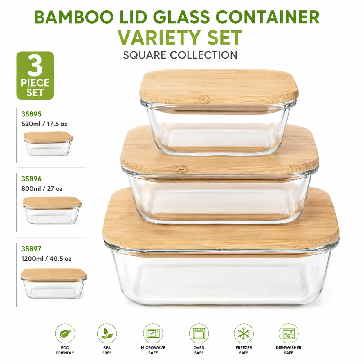 Bamboo Lid Glass Container Variety Set Square Collection 3 Piece Set 35895 35896 35897 Eco Friendly BPA Free Microwave Oven Freezer Dishwasher Safe