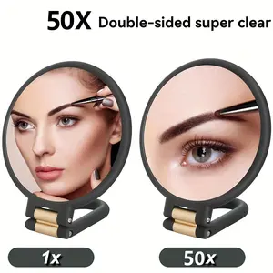 1 Piece Of 50x Handheld Magnifying Double-sided Makeup Mirror, 1X/50X Zoom, 360° Adjustable Handle, Supports Handheld, Desktop Placement And Hanging Use, Double-sided Mirror Design