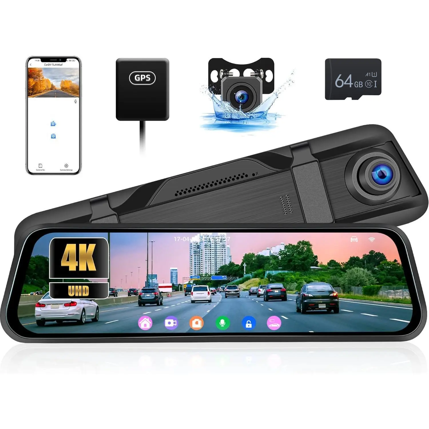 RIMOODY Automotive 9.66" Full Touch Screen Dash Cam, 4K Front & 1080P Rear Dual Camera with GPS, WiFi, Night Vision, Parking Monitor, Blind-Spot Detection, 64TF Card