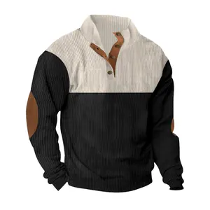 Retro Style Color Block Corduroy Pullover – Elbow Patches, Relaxed Fit for Men