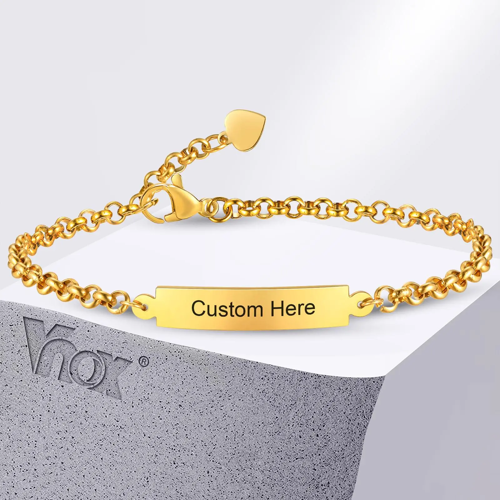 Vnox Free Engraving Name Date Bracelets for Women Girls, Adjustable Stainless Steel Rolo Chain Bracelets, Personalized Love Gift