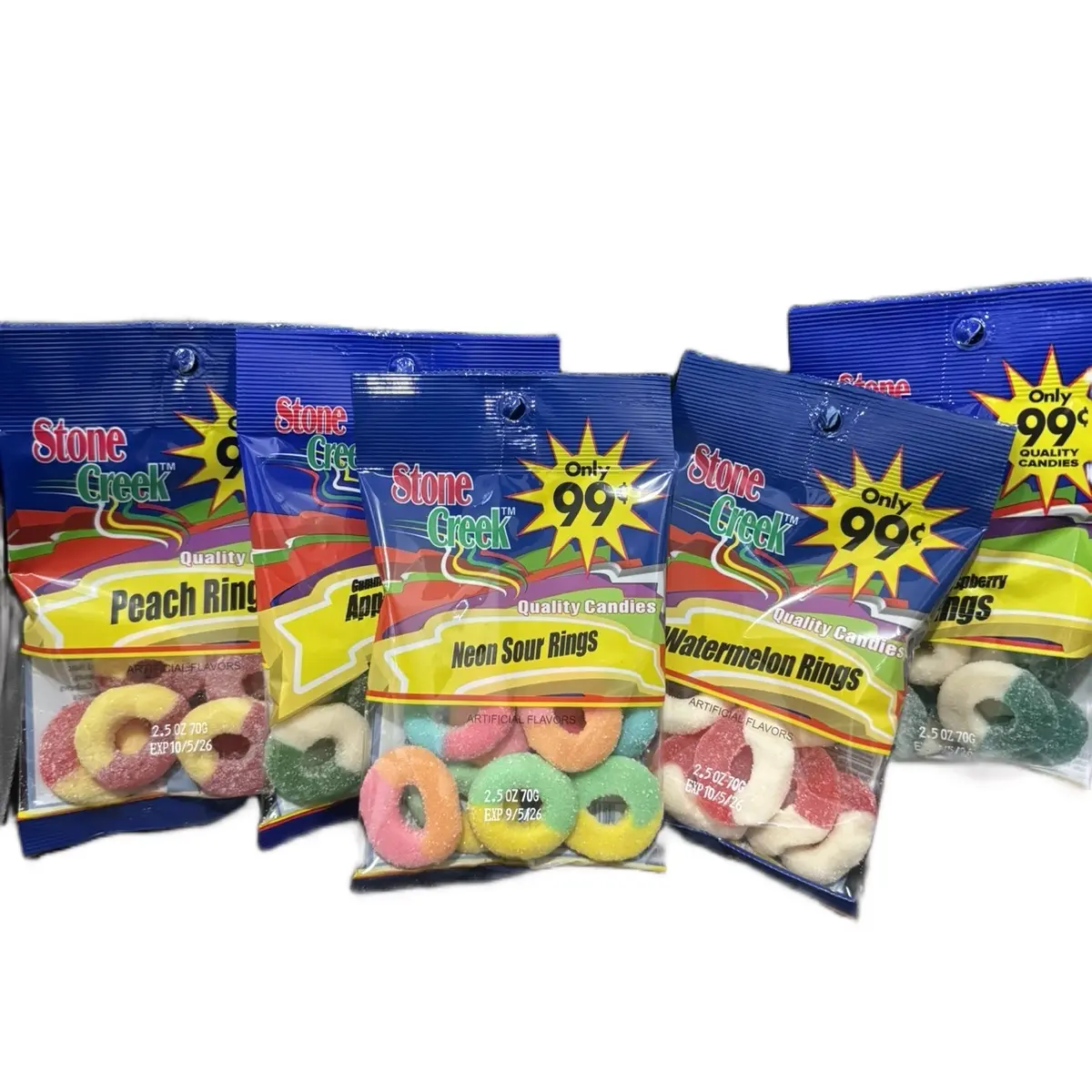 Stone Creek Deliciously Sweet Flavored Gummy Rings - Perfect Snack Pack of 5 Watermelon Candy Sour Peach Liquid-Filled Center Variety Pack - Bonbon