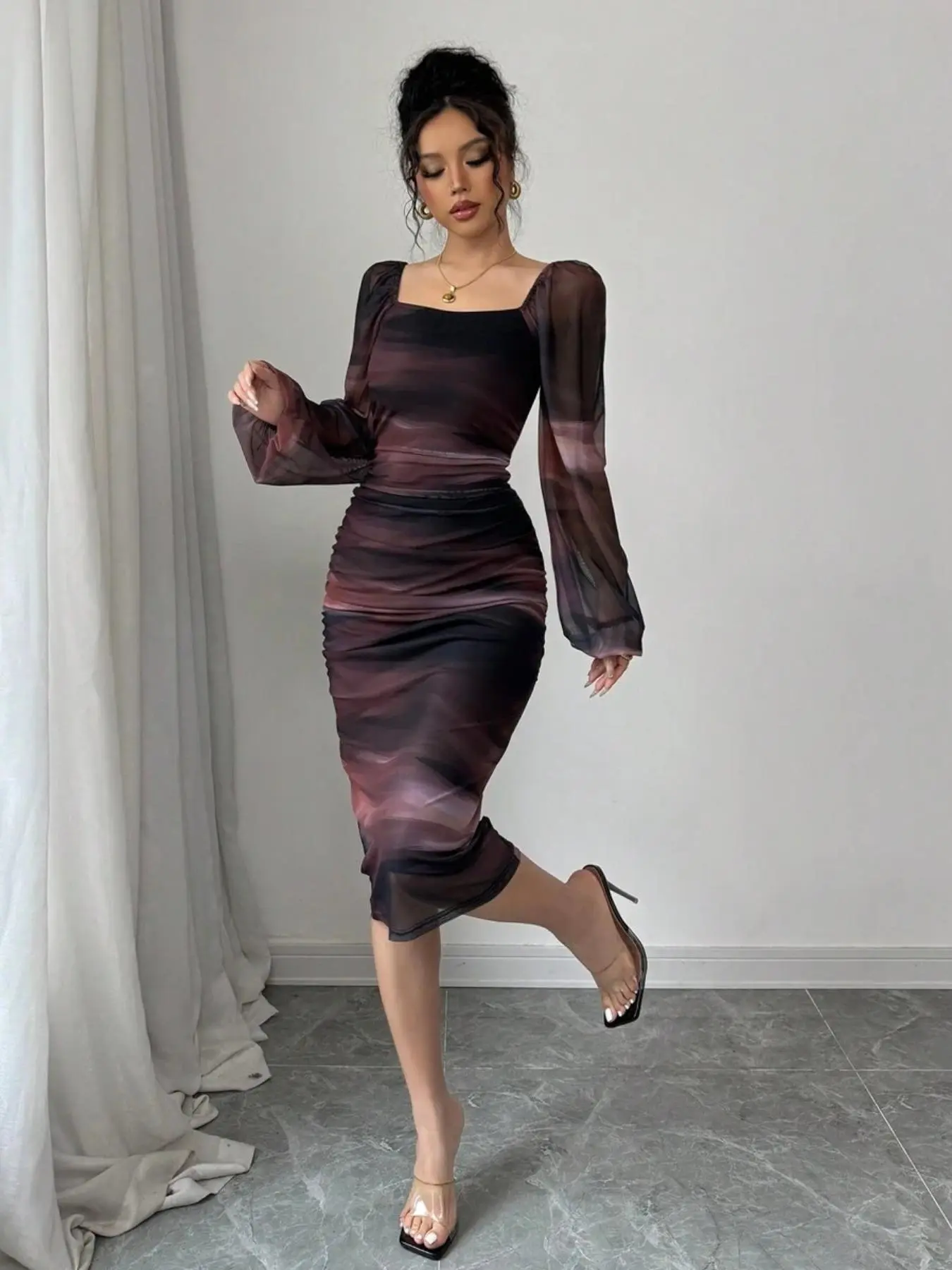knee length dresses for ladies Double-layer round-neck mesh flower dress main image 0