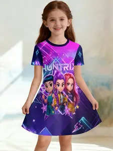 Girls' 3D Short Sleeve Dress Huntrix Cyber Music Squad Full Print, Summer Party Wear, Perfect Gift for Holidays and Birthdays