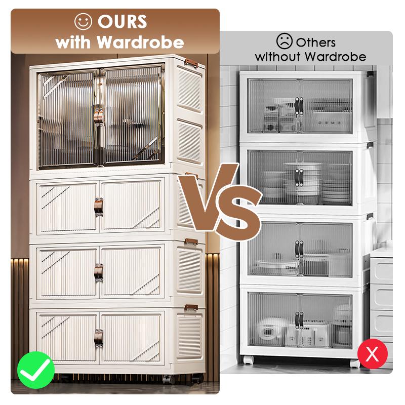 Portable Closet Wardrobe, Folding Storage Bins with Lid, Closet Organizers and Storage, Stackable Storage Box with Hanging Rod and Doors, Collapsible Plastic Clothes Cabinet with Wheels