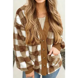 Brown Checkered Sherpa Loose Knit Cardigan with Pockets