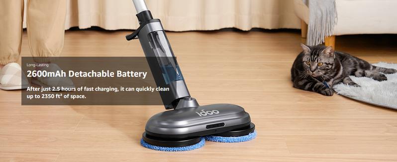 iDOO Dual-Motor Spin Electric Mop with Sprayer & LED Headlight, Cordless Floor Cleaner with Transparent Water Tank & Replacement Cloth, Durable