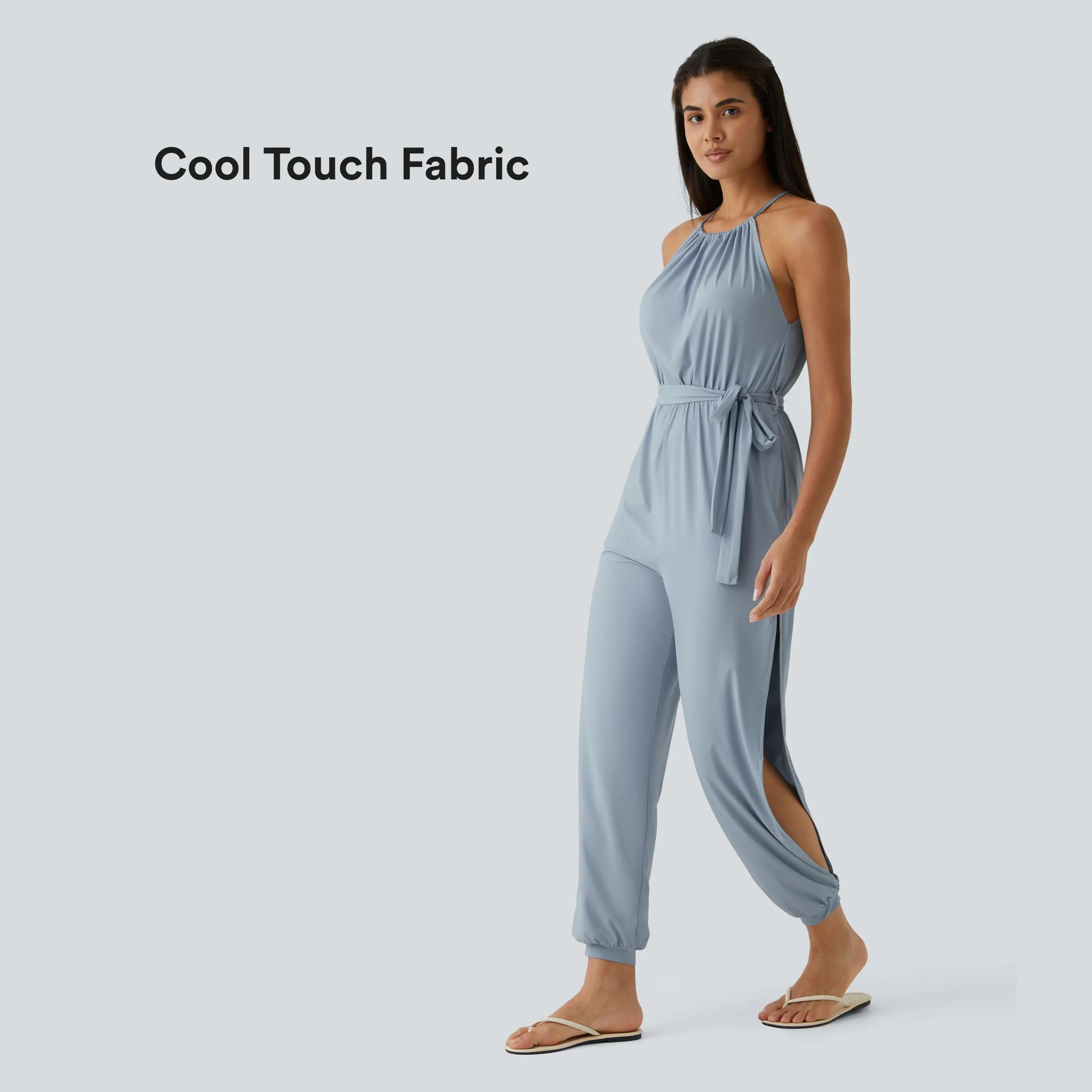 Halara UPF50+ InstantCool Sleeveless Sports Jumpsuit with Tie Back, Belted Waist, Side Pockets and Cut Out for Resort Wear