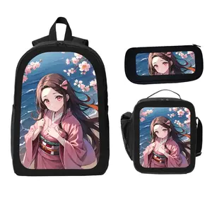Anime-style Kimono Girl Cherry Blossom Wave Three-piece Backpack Set Black Anime Student Backpack Lunch Bag Pencil Case