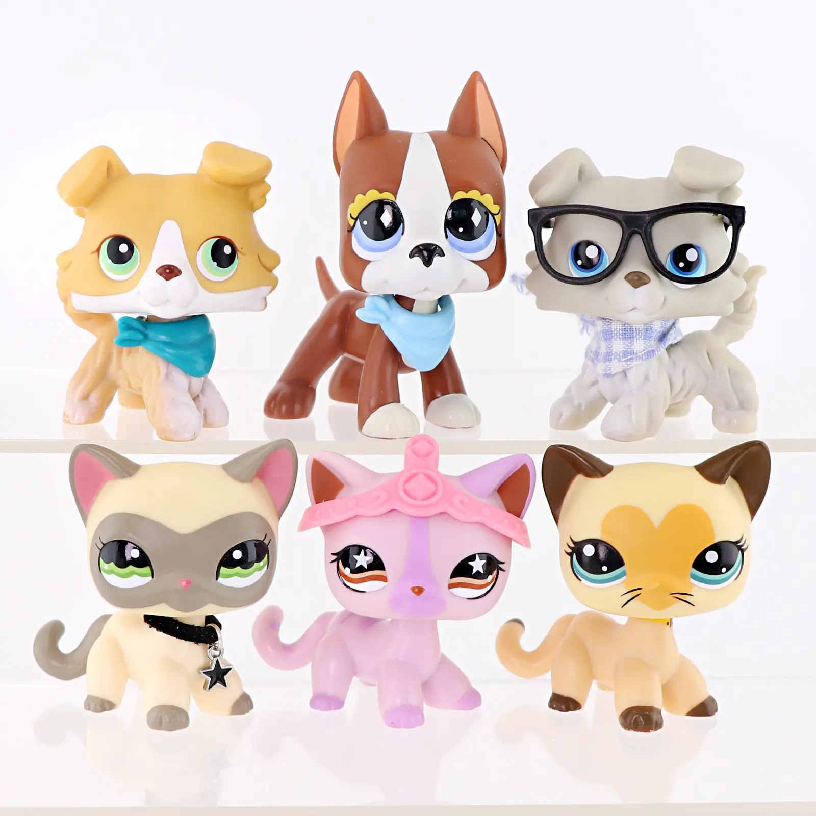 6Pcs Mixed Cat & Dog Mini Figurine Set Cute Pet Animal Collectible Toys With Bandana Glasses Tiara Necklace Accessories Kids Birthday Desktop Decor