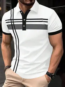 Men's striped printed contrasting patchwork polo shirt, men's polo shirt, casual short sleeved button up front collar shirt, summer t-shirt, fashionable men's daily streetwear