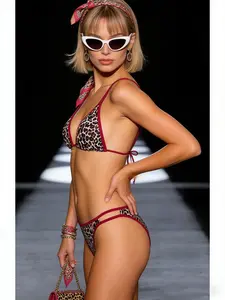 Leopard Print Bikini Set with Red Trim – Double Strap Design and Deep V Neckline, Fashionable Runway-Style Swimwear for Women