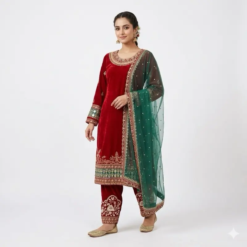 Velvet Light Red Panjabi Suits for Special Occasions Women's Wear with Embroidered Details and Matching Dupatta