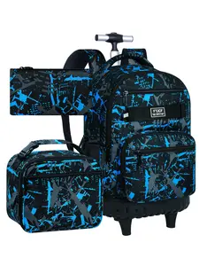 3Pcs Rolling Backpack for Boys Men, Travel Roller Backpacks with Wheels for Adults, Teens College Graffiti Wheeled Bookbag with Lunch Box(Blue)
