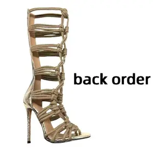 Women's Gladiator Sandals Open Toe Stiletto Heel Knee High Rope Knotted Lace Up Boots